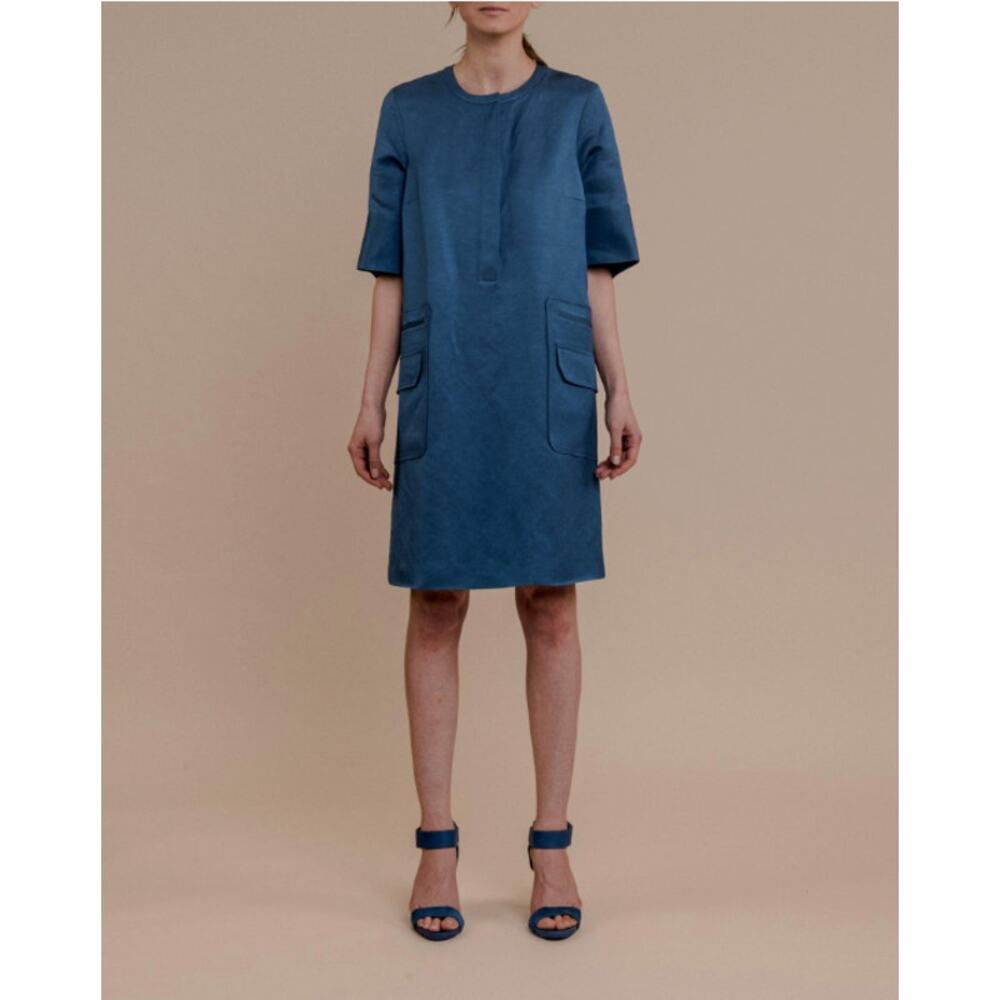 PARTOW Dress Women 12 Glory Linen Blend Shift Sky Blue Designer Minimal Luxury